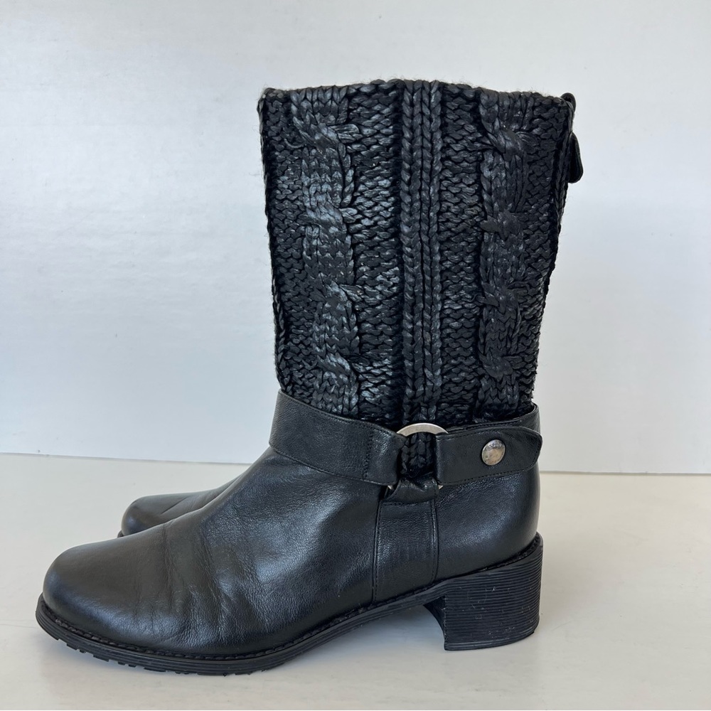 ♦️SOLD♦️STUART WEITZMAN Charcoal Black Leather Coated Knit Moto Mid Calf Boots - Picture 4 of 15